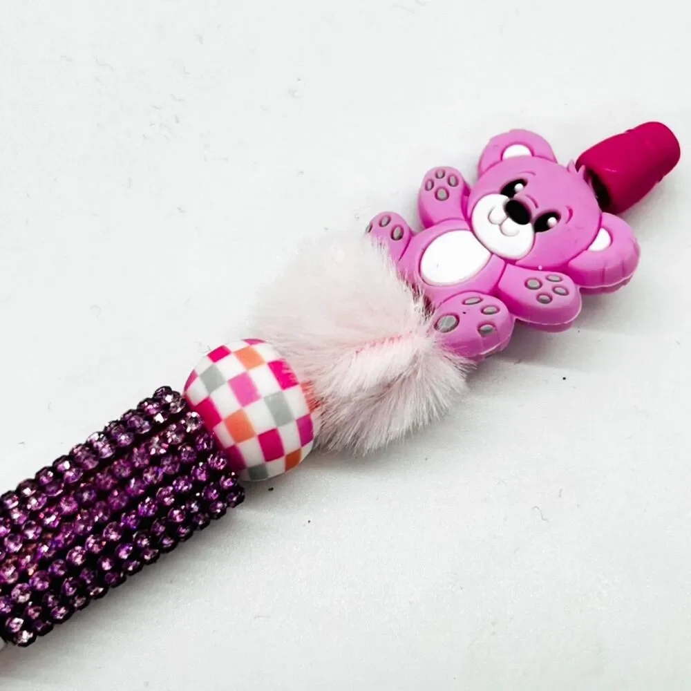 Unique Handmade Cute Hot Pink Crystal Furry Teddy Bear Beaded Pen